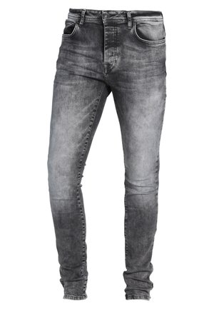 Slim-fit jeans in versleten zwarte denim met een vervaagde textuur. Bevat vijf zakken, riemlussen en een knoopsluiting in de taille.