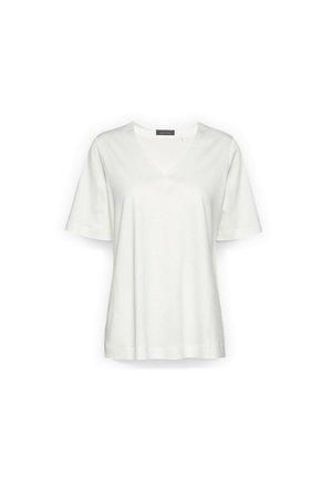 Weißes Damen-T-Shirt mit kurzen Ärmeln und V-Ausschnitt, legerer Passform und schlichtem Design auf weißem Hintergrund.