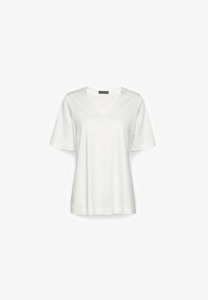 T-shirt da donna bianca a maniche corte con scollo a V, vestibilità morbida e design semplice su sfondo bianco uniforme.