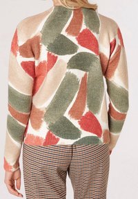 Knit sweater featuring a multicolored brushstroke pattern in muted tones of red, green, and beige; soft texture with a round neckline.