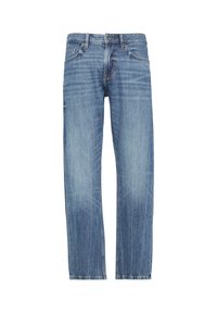 Jeans en denim bleu clair avec une coupe droite, présentant des effets de décoloration subtils et des détails de couture sur les poches et la ceinture.