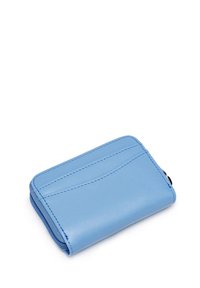 Blue leather wallet with a smooth texture, featuring a zip closure and minimalist design, includes one card slot and subtle stitching details.