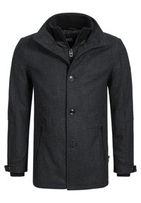 Dark gray wool blend coat with a stand collar, six buttons, and side pockets. Features a textured finish and ribbed cuffs.