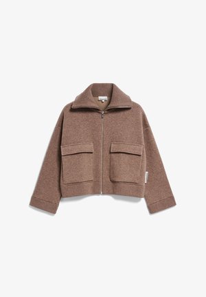 Braune kurz geschnittene Zip-Jacke mit großen Fronttaschen, weitem Kragen und gerippten Bündchen. Aus strukturiertem Wollmischgewebe gefertigt.