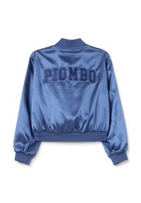 Blaue satinierte Bomberjacke mit gerippten Bündchen und Kragen, mit dem Wort "PIOMBO" in Dunkelblau auf dem Rücken gestickt.