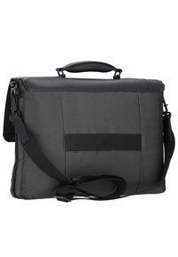 Borsa a tracolla grigia realizzata in tessuto resistente con un accento in pelle; presenta una maniglia superiore, una tracolla regolabile e una tasca frontale.