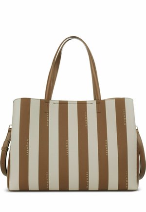 Braune und beige vertikal gestreifte Handtasche mit zwei Griffen und dem wiederholt auf den Streifen aufgedruckten Schriftzug "bugatti".
