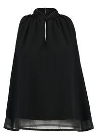 Top nero senza maniche con collo alto e dettaglio a chiave. Realizzato in un tessuto liscio e leggero, con silhouette fluttuanti e orlo trasparente.