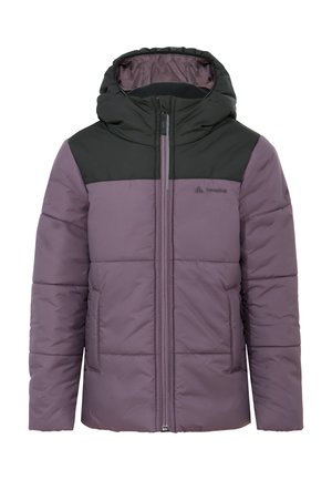 Giacca imbottita viola e nera con cappuccio, zip frontale e tasche laterali, progettata per il freddo.