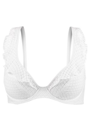 Sutien alb cu margini cu volane, țesătură texturată în carouri, bretele netede și decolteu în formă de V. Design simplu și material ușor.
