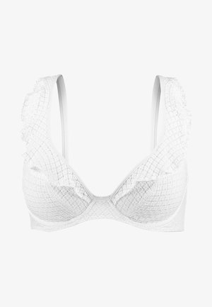 Soutien-gorge blanc avec des bords froncés, tissu texturé à carreaux, bretelles lisses et décolleté en V. Design simple et matériau léger.