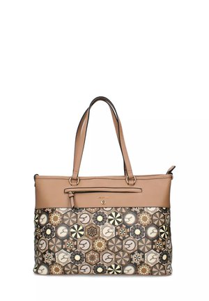 Borsa a tracolla beige con manici doppi, caratterizzata da un corpo a motivi geometrici e una tasca con zip vicino alla parte superiore.