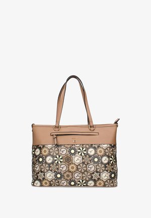 Borsa a tracolla beige con manici doppi, caratterizzata da un corpo a motivi geometrici e una tasca con zip vicino alla parte superiore.