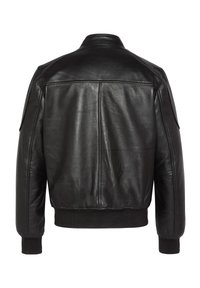 Schwarze Leder-Bomberjacke mit geripptem Saum und Bündchen. Sie zeichnet sich durch eine glatte Textur und das Fehlen sichtbarer Beschläge oder Verzierungen aus.