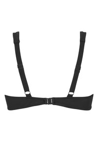 Svart bikiniöverdel med en slät, enfärgad tyg. Justerbara band med metallbeslag och krokstängning bak. Enkelt design.