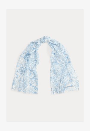 Lyseblått og hvitt paisleymønstret skjerf løst knyttet i toppen, lagt flatt mot en hvit bakgrunn.