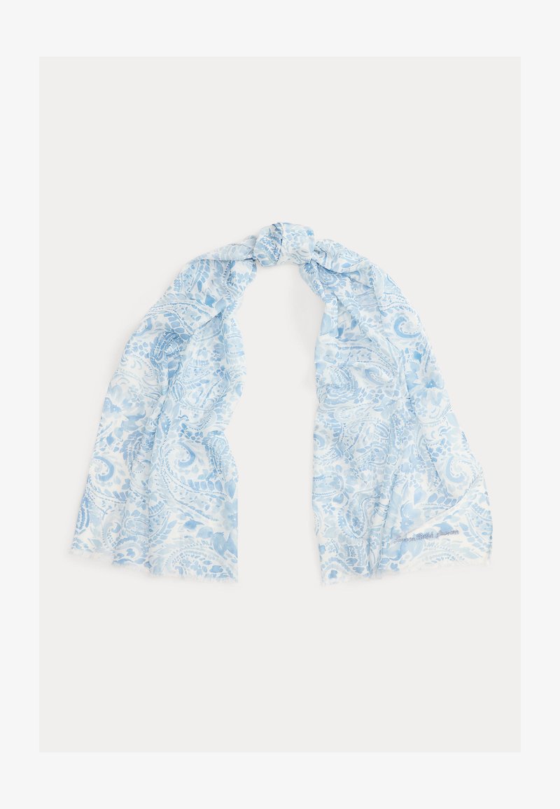 Φουλάρι με σχέδιο paisley σε ανοιχτό μπλε και άσπρο, χαλαρά δεμένο στον κόμβο στην κορυφή, απλωμένο επίπεδα σε λευκό φόντο.