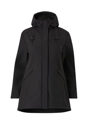 Schwarze Kapuzenjacke mit Frontreißverschluss, Zugbändern an der Kapuze und schräg angesetzten Seitentaschen, geeignet für kaltes oder nasses Wetter.