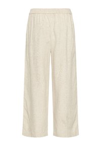 Pantalon en lin beige à jambes larges avec taille élastique, longueur cheville, et coupe décontractée, adapté à une tenue décontractée.
