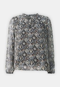 Blouse noire transparente avec un motif géométrique en crème et en tons rouille. Manches longues avec des poignets élastiques et des détails de col froncé.