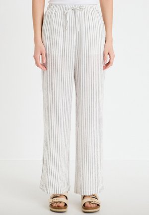 Pantalon blanc à cordon avec fines rayures verticales noires, porté avec des sandales beige à boucle, présenté de la taille aux pieds.