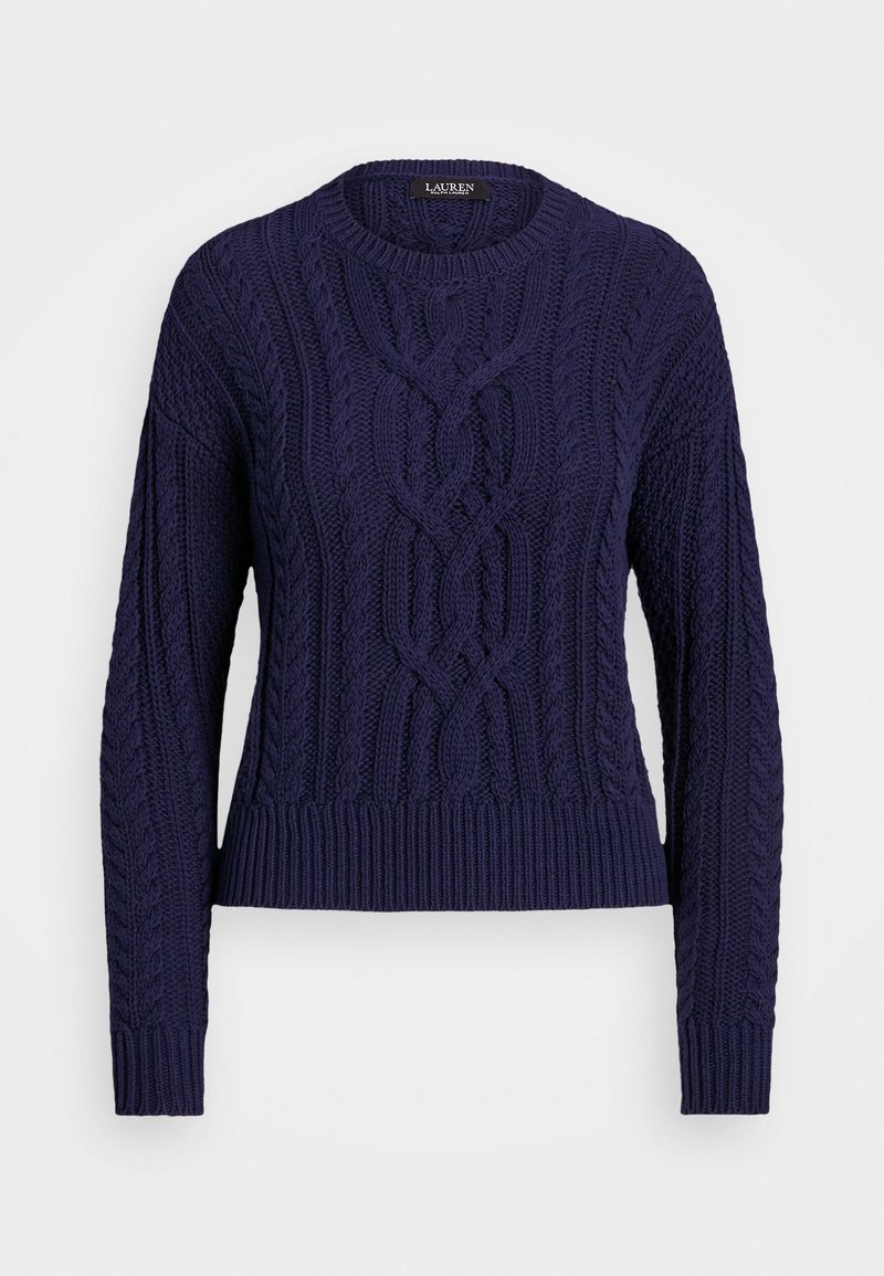 Pull en maille bleu marine avec motifs torsadés texturés, encolure ronde et ourlet et poignets côtelés. Design plus court et court.