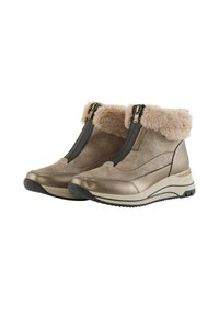 Faux fur-voering enkelboots in metallic beige met zwarte accenten, voorzien van zijritsen en een gestructureerde rubberen zool. Lichtgewicht ontwerp.
