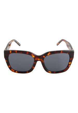 Rechthoekige schildpadsmeerbril met donker getinte glazen en licht gebogen rand van het montuur.