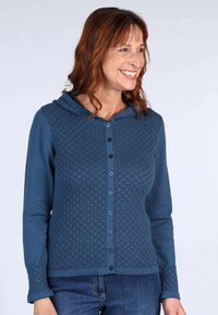 Blauer Hoodie-Pullover mit strukturiertem Strickmuster am Oberteil, mit Knopfverschluss und langen Ärmeln mit glatter Oberfläche.