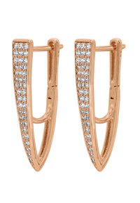 Orecchini a cerchio in oro rosa con un design geometrico, adornati con piccole cristalli trasparenti lungo il bordo per un tocco di brillantezza in più.