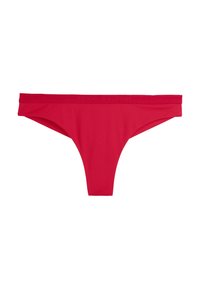 Red cotton thong with a smooth texture, features a printed logo along the waistband, and a classic thin strap design.