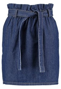 Jupe en jean avec une taille élastique froncée et une ceinture en tissu. Présente une silhouette droite, de couleur bleue, avec des coutures contrastées le long des coutures.