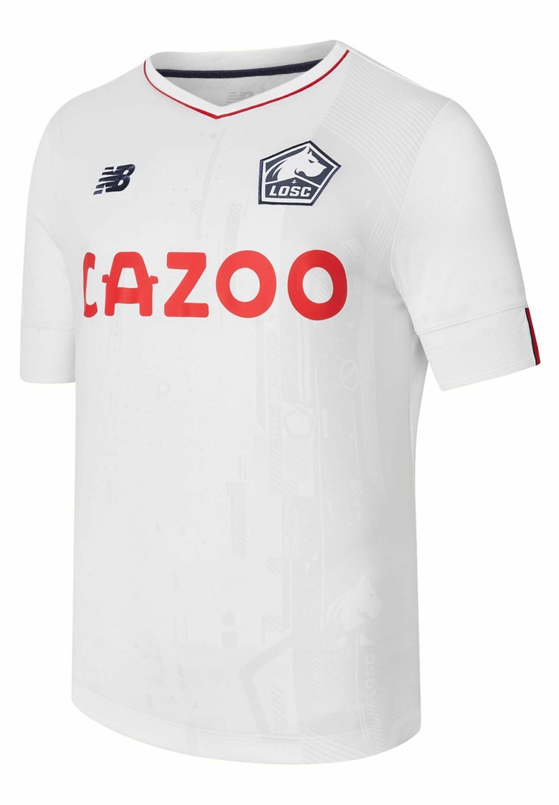 Maillot de soccer blanc à manches courtes, avec le logo rouge "CAZOO" et le logo de l'équipe sur la poitrine gauche. Il présente un col en V et un motif subtil.