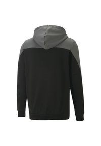 Felpa con cappuccio con parte superiore grigia e parte inferiore nera, realizzata in tessuto morbido. Presenta una tasca a marsupio e polsini a costine.