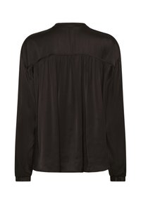 Zwarte langemouwen shirt, gladde stof, ontspannen pasvorm, met gathered details aan de achterkant en elastische manchetten bij de polsen.