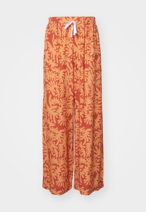 Pantaloni largi roșii și portocalii cu un model de frunze, talie elastică și șnur, dintr-un material ușor.