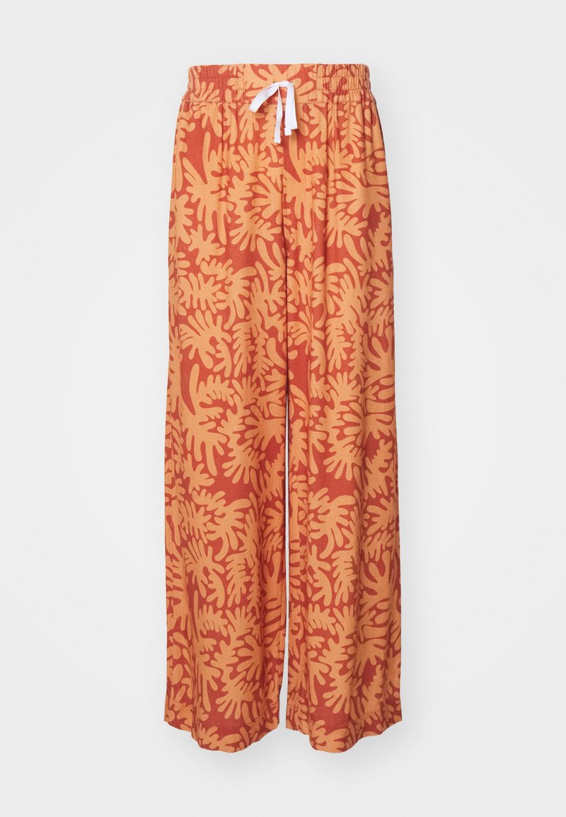 Red and orange wide-leg trousers with a leaf pattern, elastic waistband, and drawstring, made of lightweight fabric.