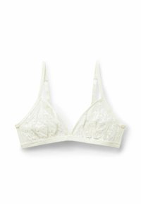 Weißer Spitzen-Dreieck-BH mit verstellbaren Trägern und weichem Unterband, verziert mit floralen Stickereidetails.
