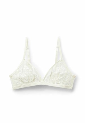 Hvid blonde trekants-bh med justerbare stropper og blødt underbånd, med blomsterbroderidetaljer.