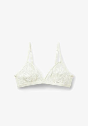 Soutien-gorge triangle en dentelle blanche avec bretelles ajustables et bande inférieure douce, orné de détails de broderie florale.