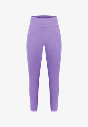 Leggings viola a lunghezza intera con una cintura larga e a coste. Realizzati in un tessuto liscio ed elastico, senza motivi o dettagli visibili.