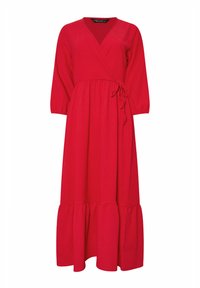Vestido rojo envolvente con mangas tres cuartos, cintura ajustable con lazo y dobladillo acampanado. Textura suave con un patrón sutil, hecho de una tela ligera.