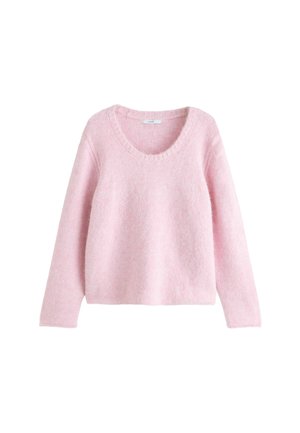 Helles rosa Sweatshirt, weiche Textur, lockere Passform, lange Ärmel, weiter Rundhalsausschnitt, Rippendetail am Ausschnitt und Saum, ohne Muster.