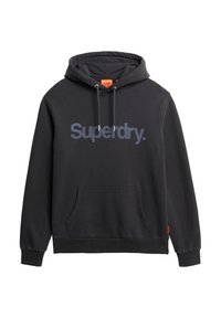 Sudadera negra de algodón, con un gran logo azul de "Superdry." en el frente, un bolsillo delantero y capucha con cordones.