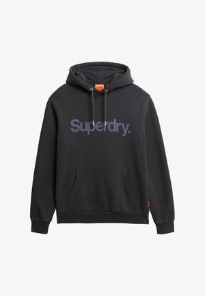 Hoodie noir en coton, avec un grand logo bleu "Superdry." sur le devant, une poche avant et une capuche avec cordon de serrage.