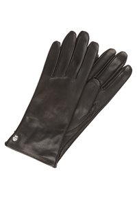 Schwarze Lederhandschuhe mit glatter Textur, passgenauem Design und verlängertem Handgelenk. Mit einem kleinen Logoakzent am Handgelenk.