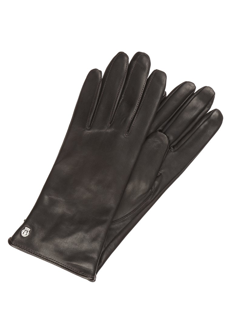 Schwarze Lederhandschuhe mit glatter Textur, passgenauem Design und verlängertem Handgelenk. Mit einem kleinen Logoakzent am Handgelenk.