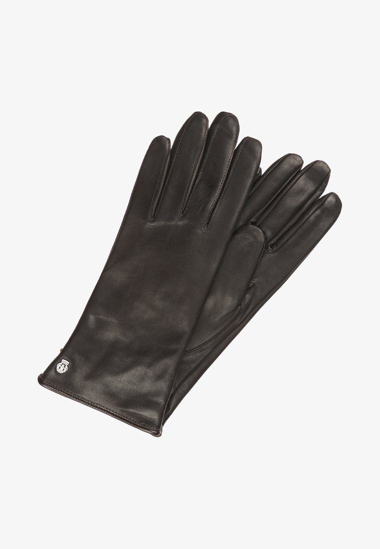 Schwarze Lederhandschuhe mit glatter Textur, passgenauem Design und verlängertem Handgelenk. Mit einem kleinen Logoakzent am Handgelenk.