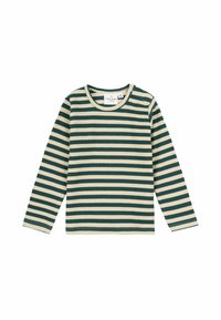 Långärmad topp tillverkad av ribbat material med gröna och krämfärgade horisontella ränder; har rund halsringning och en tryckknappdetalj på axeln.