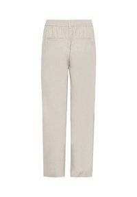 Pantalon en lin beige clair avec une taille élastique, coupe droite et deux poches arrière. Texture douce, sans motifs ni accents visibles.